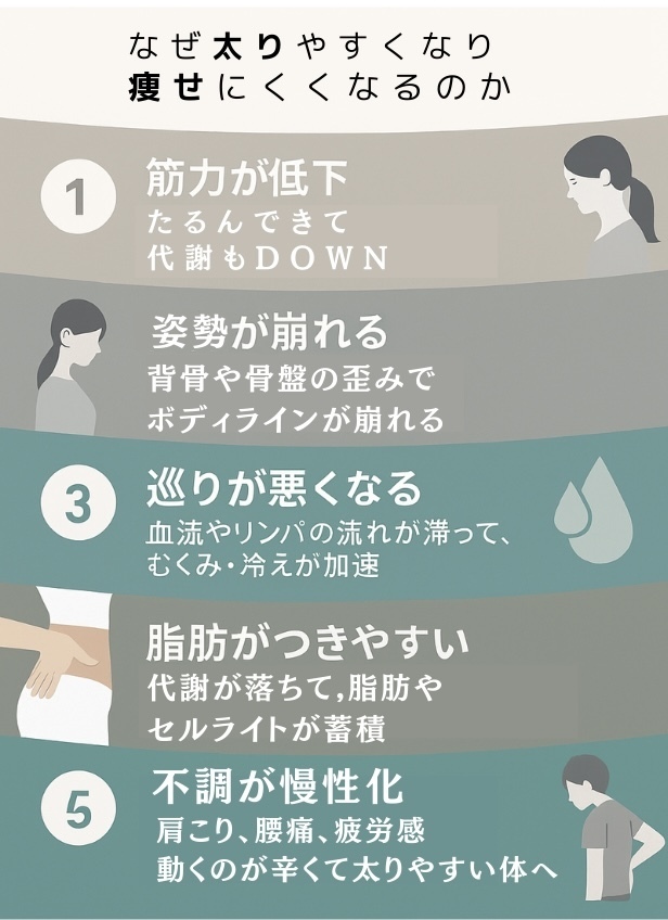 太りやすい原因,痩せにくい理由,筋力低下,代謝ダウン,姿勢の崩れ,骨盤のゆがみ,血流の悪化,リンパの滞り,むくみ,冷え性,脂肪がつきやすい,セルライト,肩こり,腰痛,慢性疲労,不調体質,巡り改善,体質改善,ダイエットが続かない