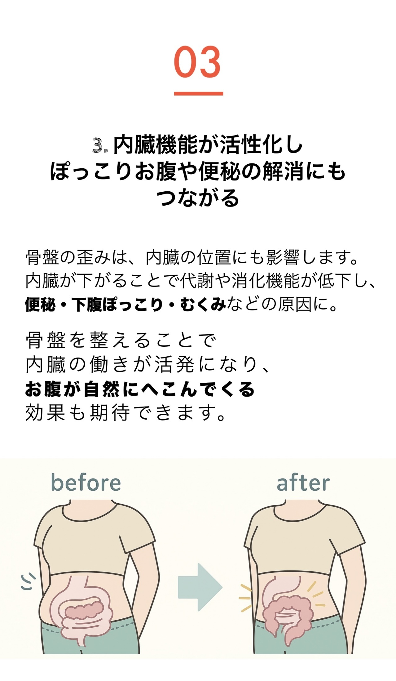 骨盤を整えることで内臓機能が活性化し、便秘やぽっこりお腹が改善されたビフォーアフターのイラスト。消化機能の向上によってお腹がスッキリへこみ、代謝もアップ。40代女性に向けた体の内側から整えるダイエットの魅力を伝える図解